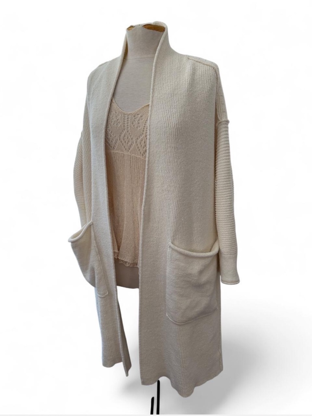 Free People Cream Ribbed Open-Front Long Cardigan Sweater medium Weight Size M